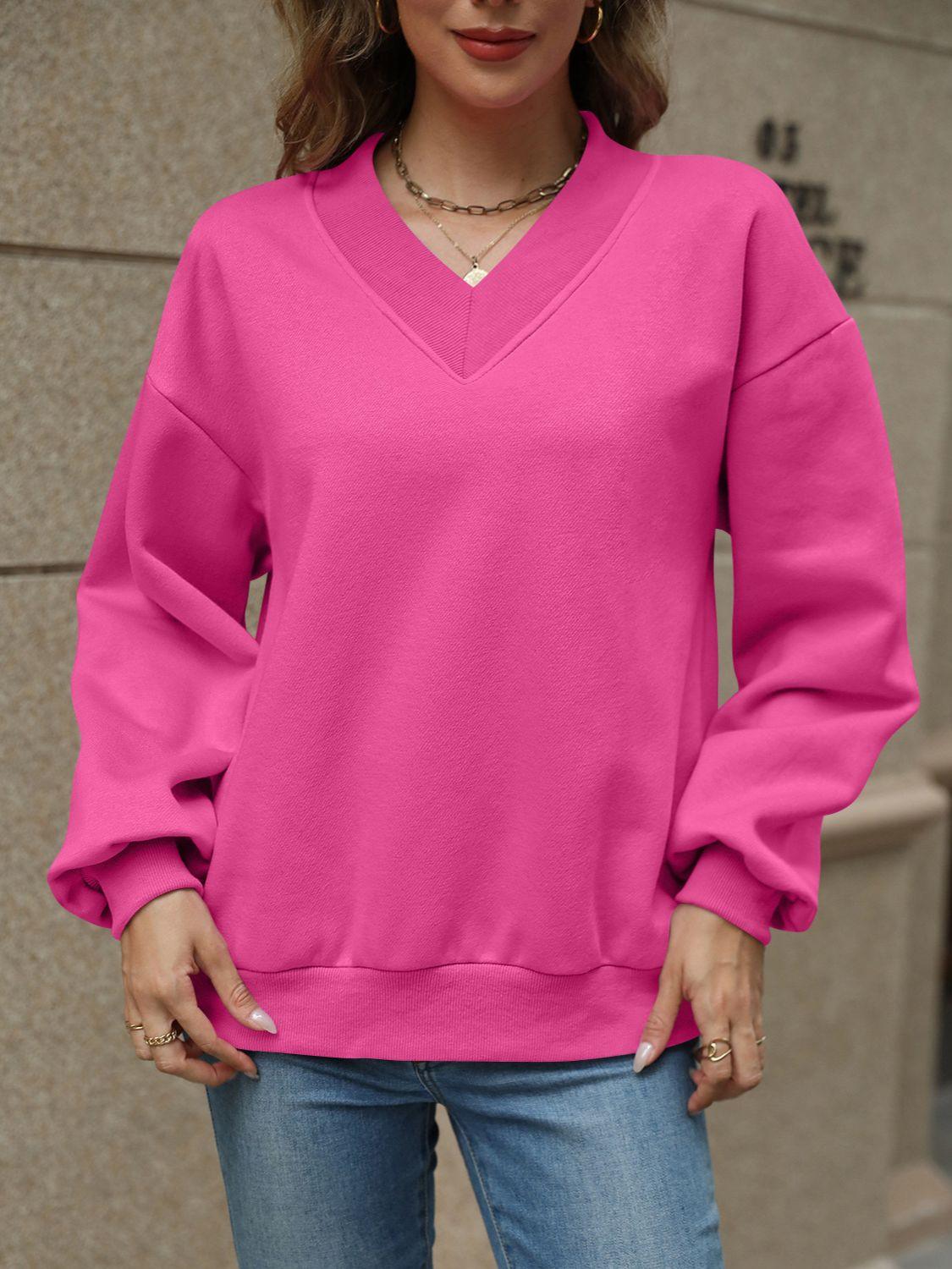 V-Neck Long Sleeve Dropped Shoulder Sweatshirt - Bona Fide Fashion