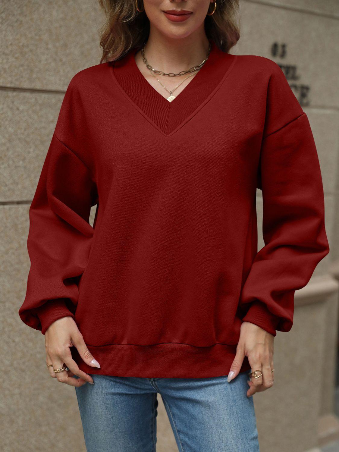 V-Neck Long Sleeve Dropped Shoulder Sweatshirt - Bona Fide Fashion