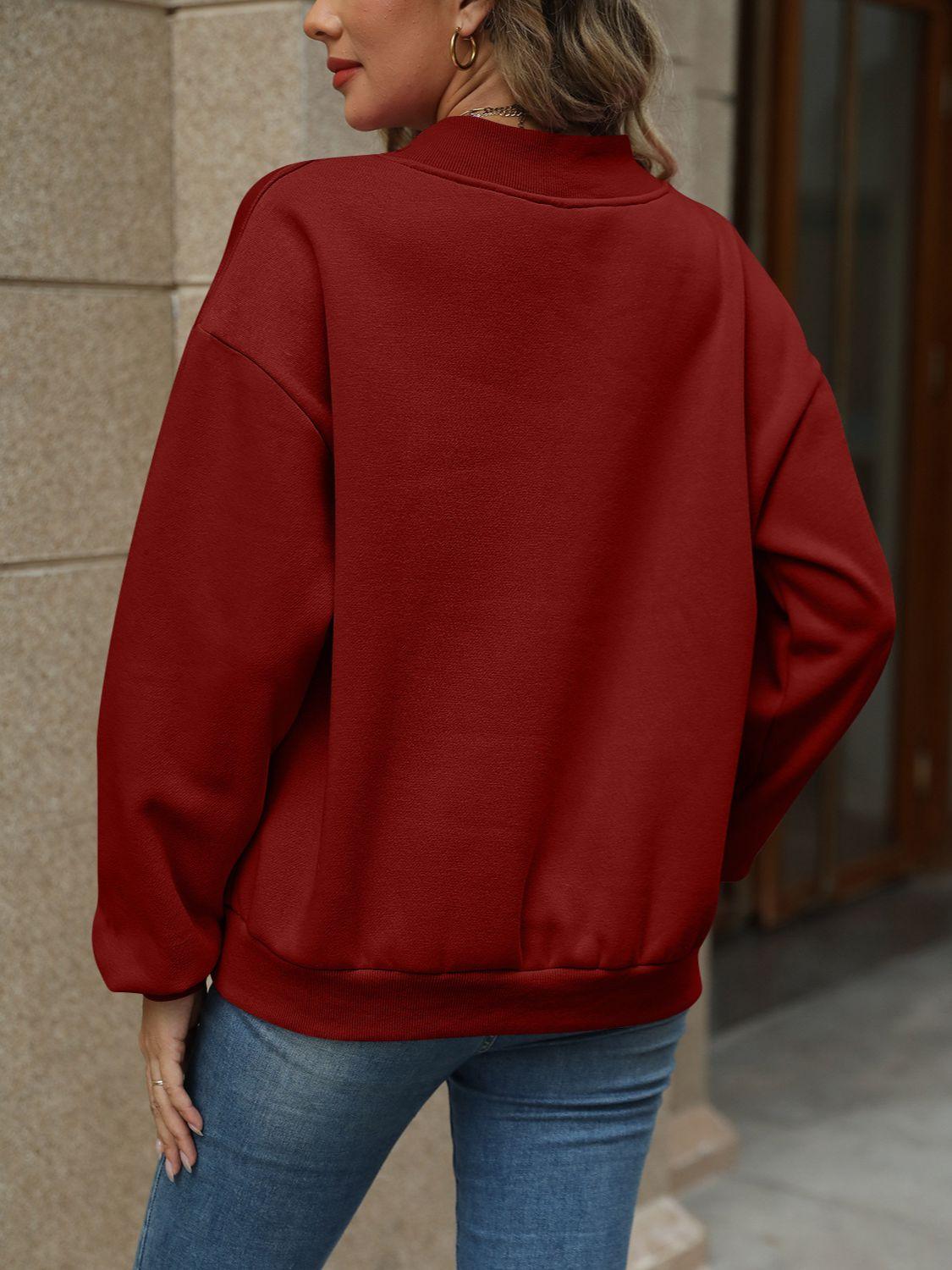 V-Neck Long Sleeve Dropped Shoulder Sweatshirt - Bona Fide Fashion