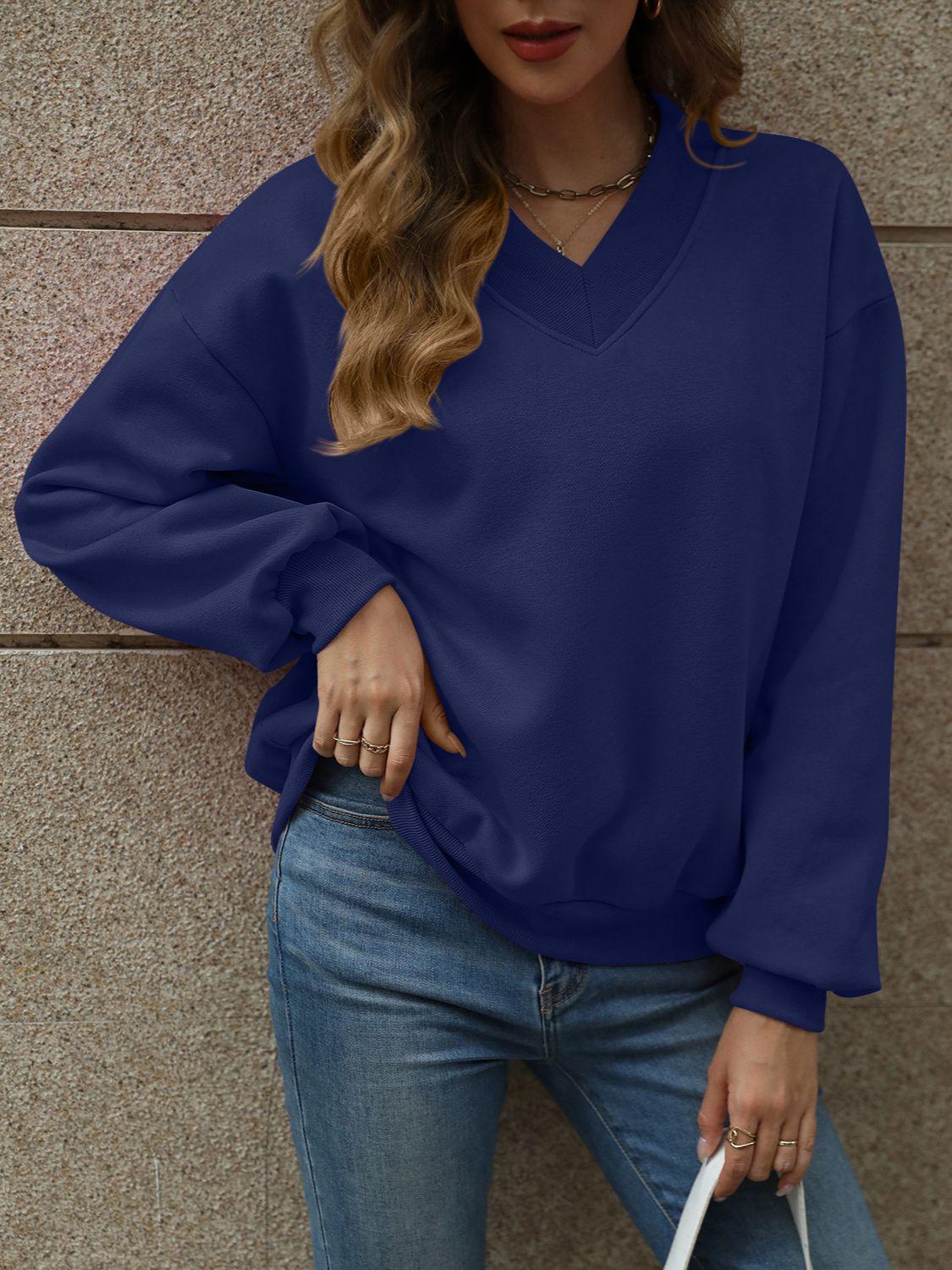 V-Neck Long Sleeve Dropped Shoulder Sweatshirt - Bona Fide Fashion