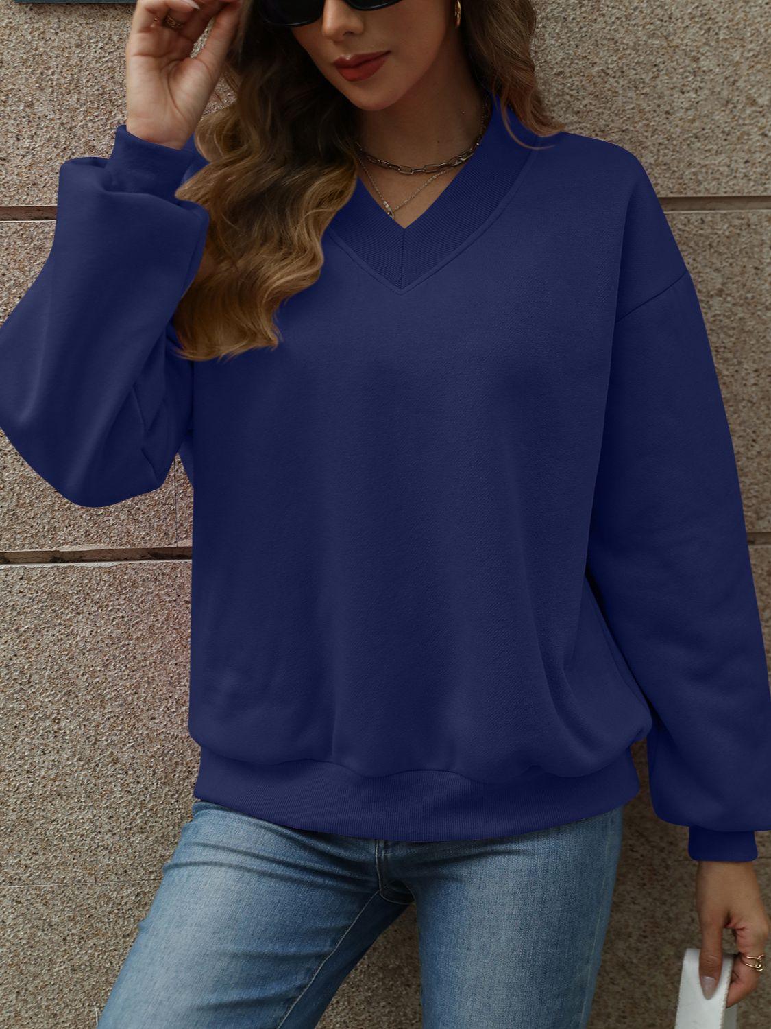 V-Neck Long Sleeve Dropped Shoulder Sweatshirt - Bona Fide Fashion