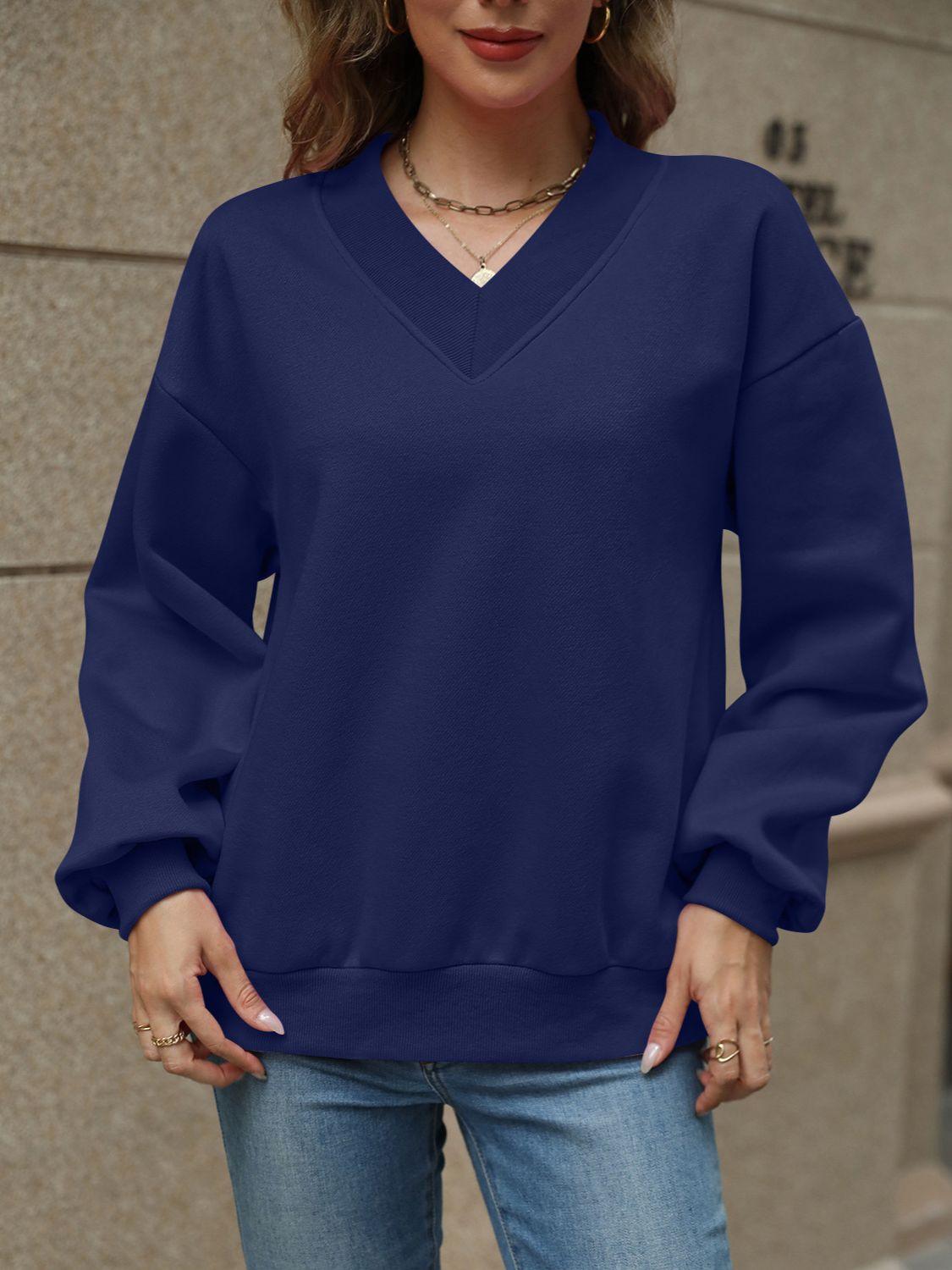 V-Neck Long Sleeve Dropped Shoulder Sweatshirt - Bona Fide Fashion