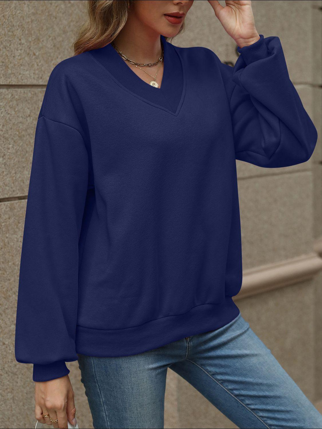 V-Neck Long Sleeve Dropped Shoulder Sweatshirt - Bona Fide Fashion