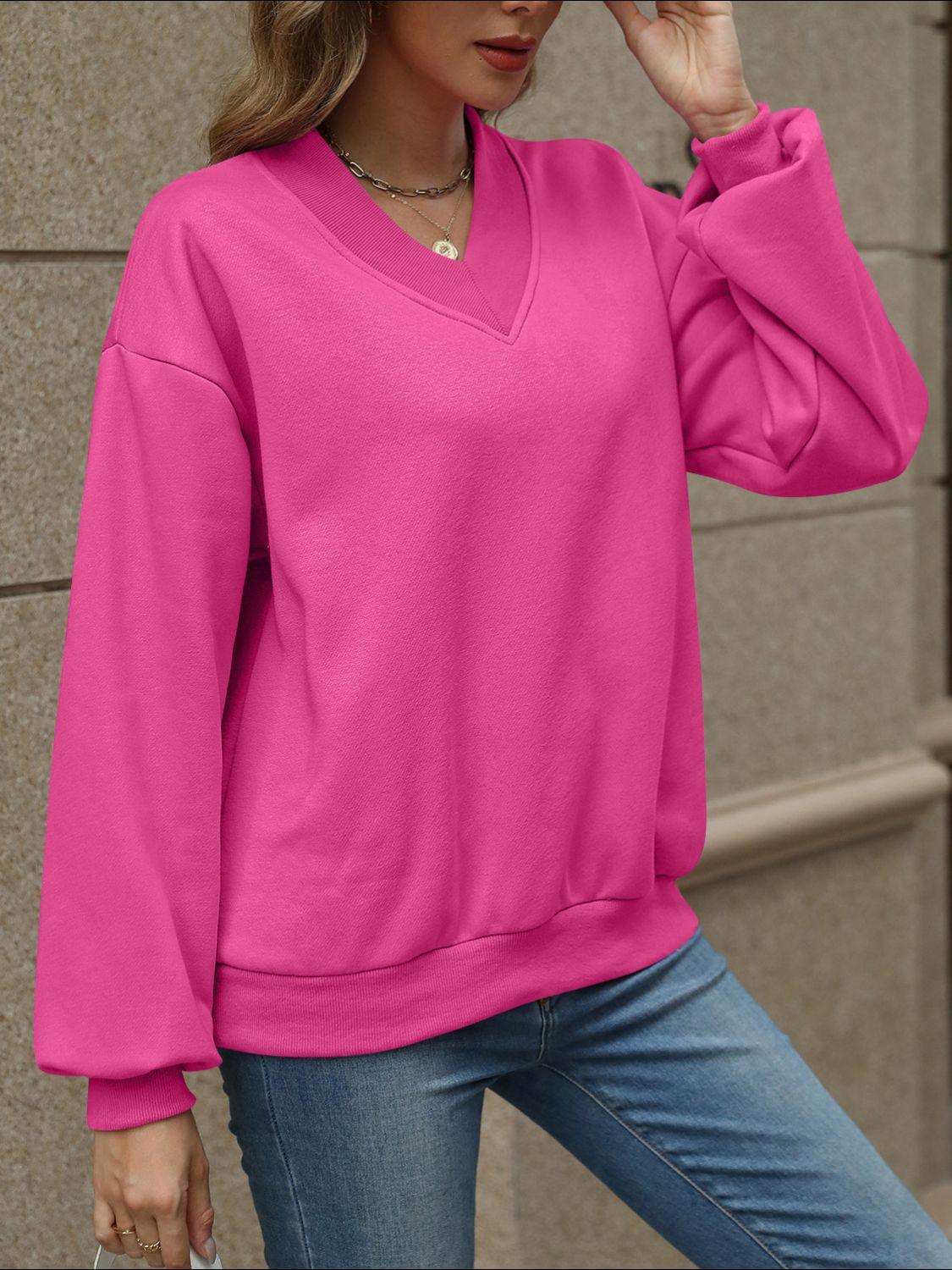 V-Neck Long Sleeve Dropped Shoulder Sweatshirt - Bona Fide Fashion