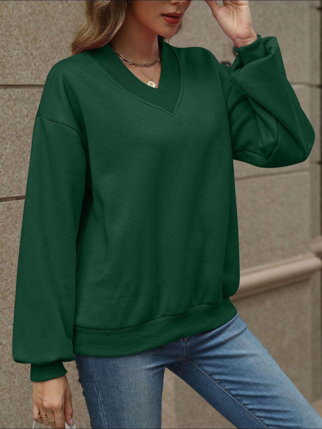 V-Neck Long Sleeve Dropped Shoulder Sweatshirt - Bona Fide Fashion