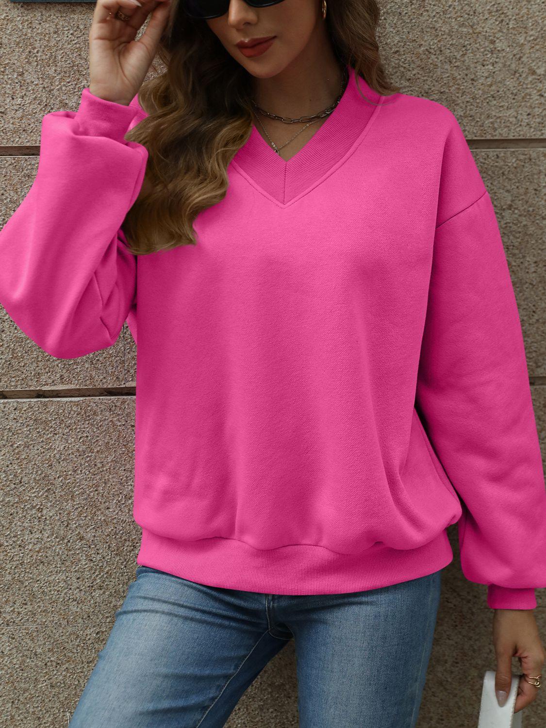 V-Neck Long Sleeve Dropped Shoulder Sweatshirt - Bona Fide Fashion