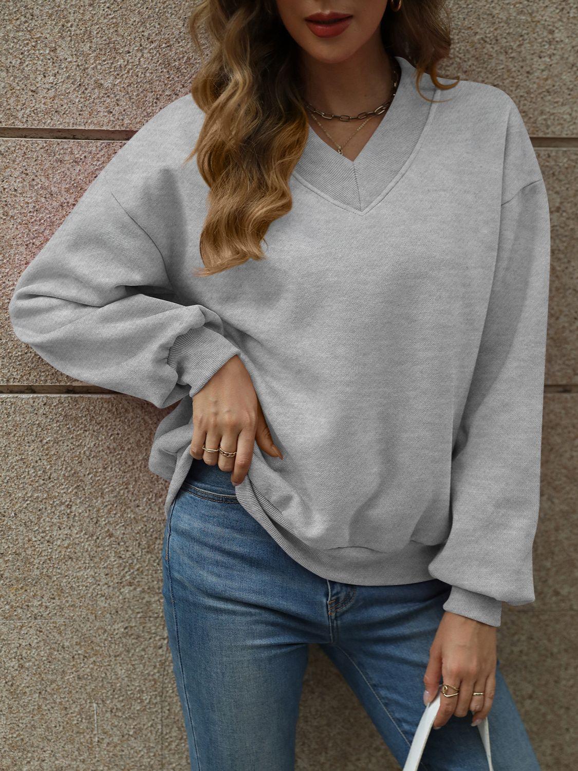 V-Neck Long Sleeve Dropped Shoulder Sweatshirt - Bona Fide Fashion