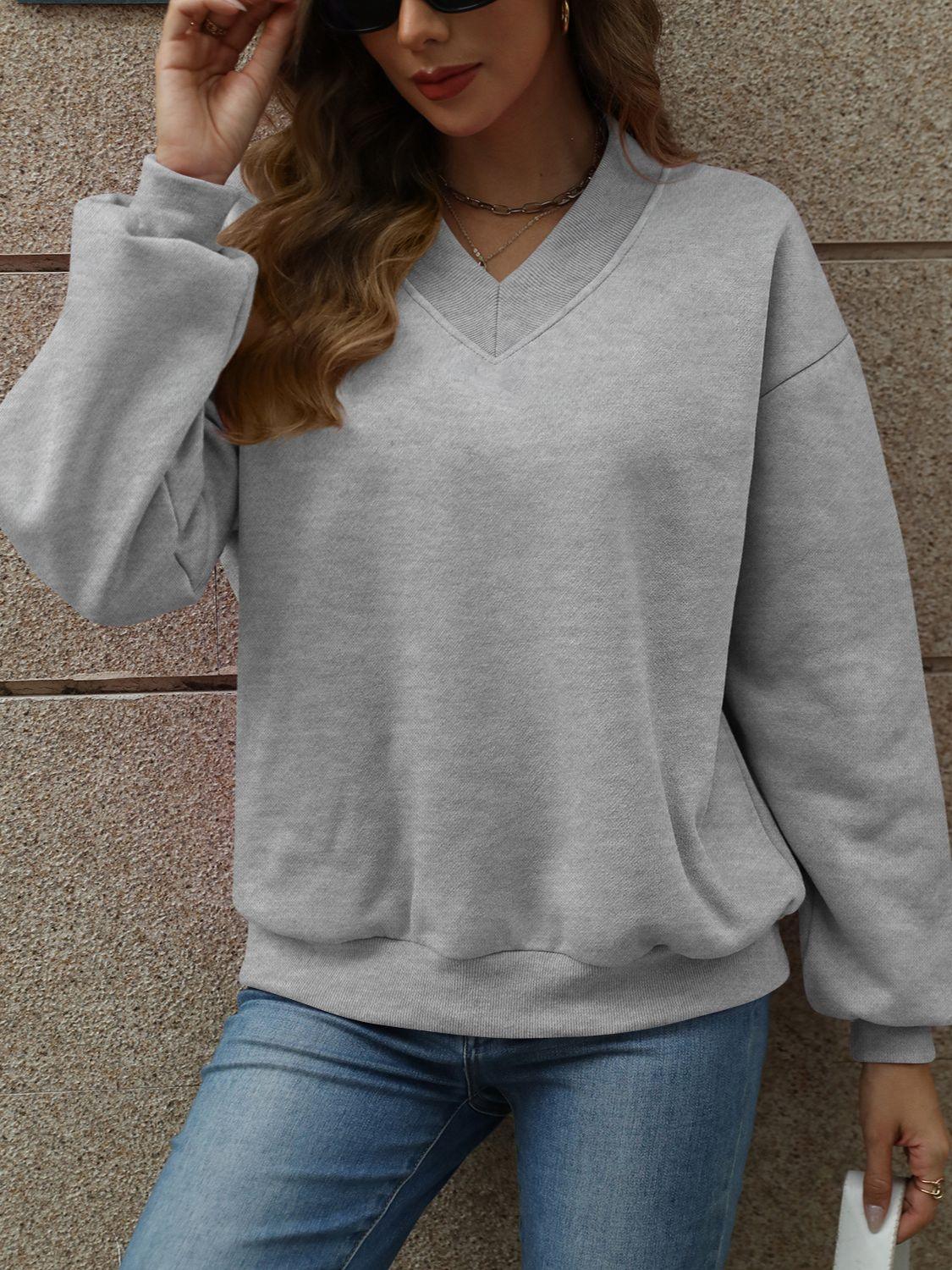 V-Neck Long Sleeve Dropped Shoulder Sweatshirt - Bona Fide Fashion