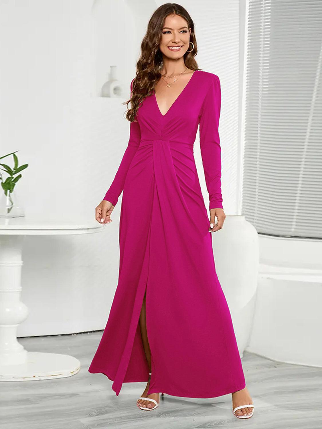 V-Neck Long Sleeve Split Dress - Bona Fide Fashion