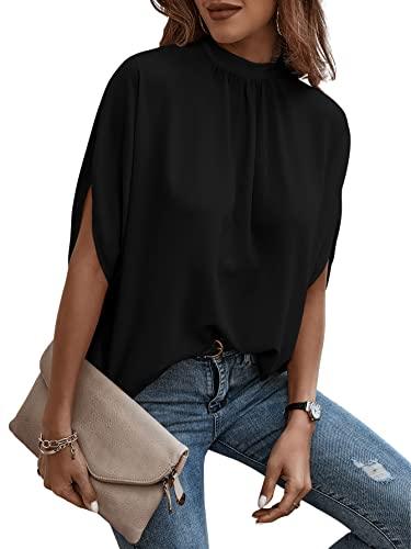 Verdusa Women's Casual Tie Back Dolman Sleeve Mock Neck Blouse Top Black M - Bona Fide Fashion