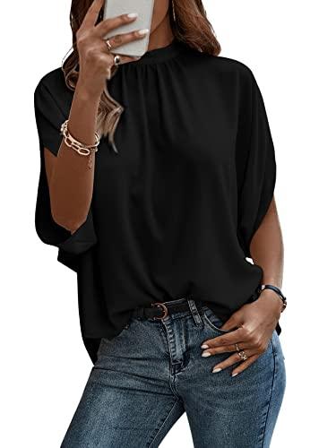 Verdusa Women's Casual Tie Back Dolman Sleeve Mock Neck Blouse Top Black M - Bona Fide Fashion