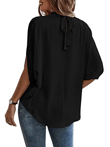 Verdusa Women's Casual Tie Back Dolman Sleeve Mock Neck Blouse Top Black M - Bona Fide Fashion