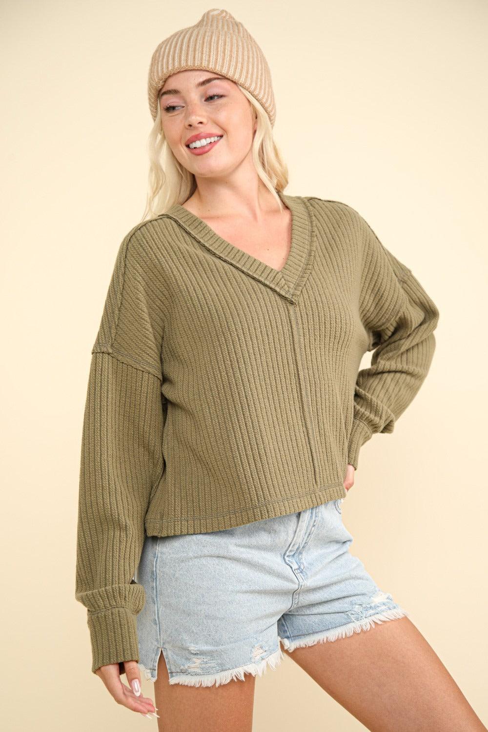 VERY J Exposed Seam V-Neck Ribbed Knit Top - Bona Fide Fashion