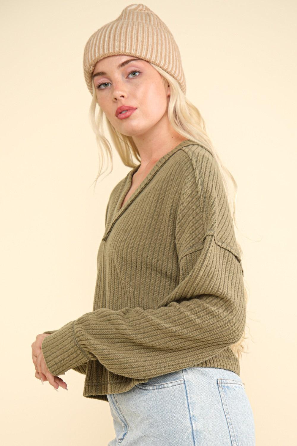 VERY J Exposed Seam V-Neck Ribbed Knit Top - Bona Fide Fashion