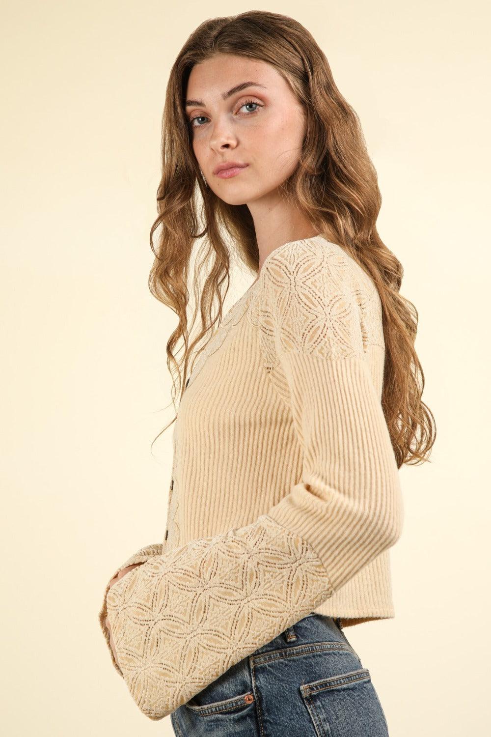 VERY J V-Neck Lace Detail Button Down Crop Ribbed Knit Top - Bona Fide Fashion