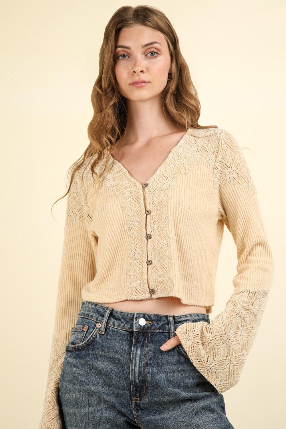 VERY J V-Neck Lace Detail Button Down Crop Ribbed Knit Top - Bona Fide Fashion