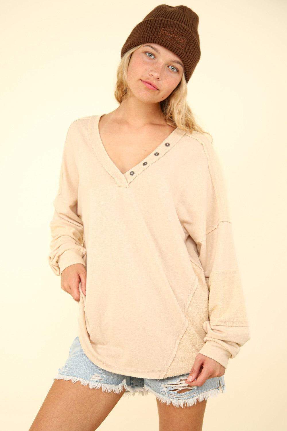 VERY J Washed V-Neck Exposed Seam Knit Top - Bona Fide Fashion