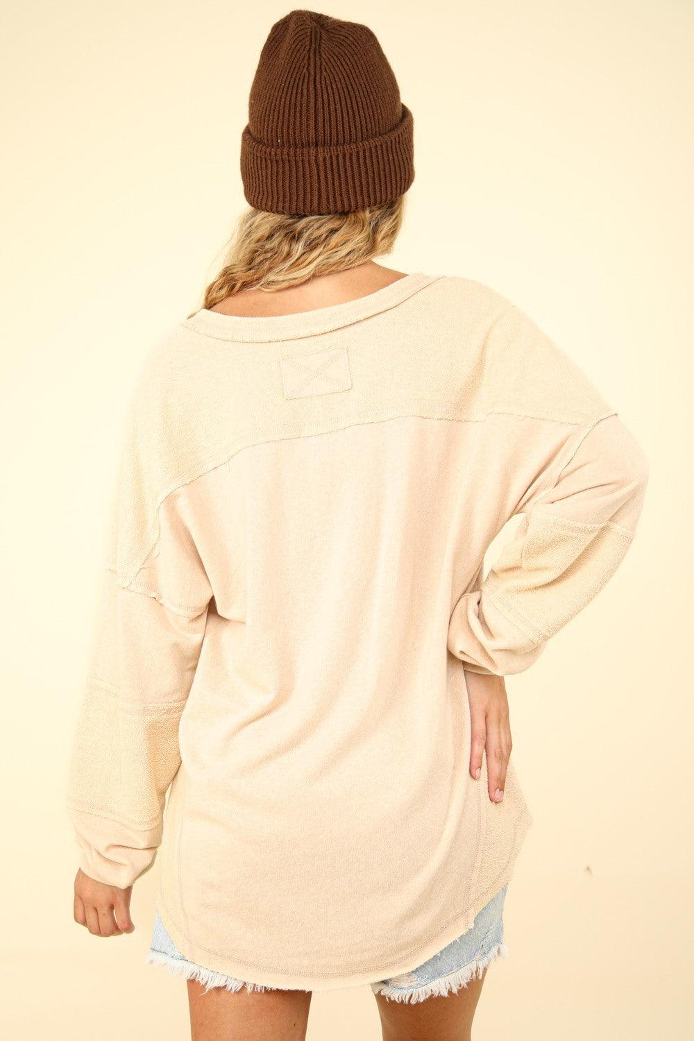 VERY J Washed V-Neck Exposed Seam Knit Top - Bona Fide Fashion