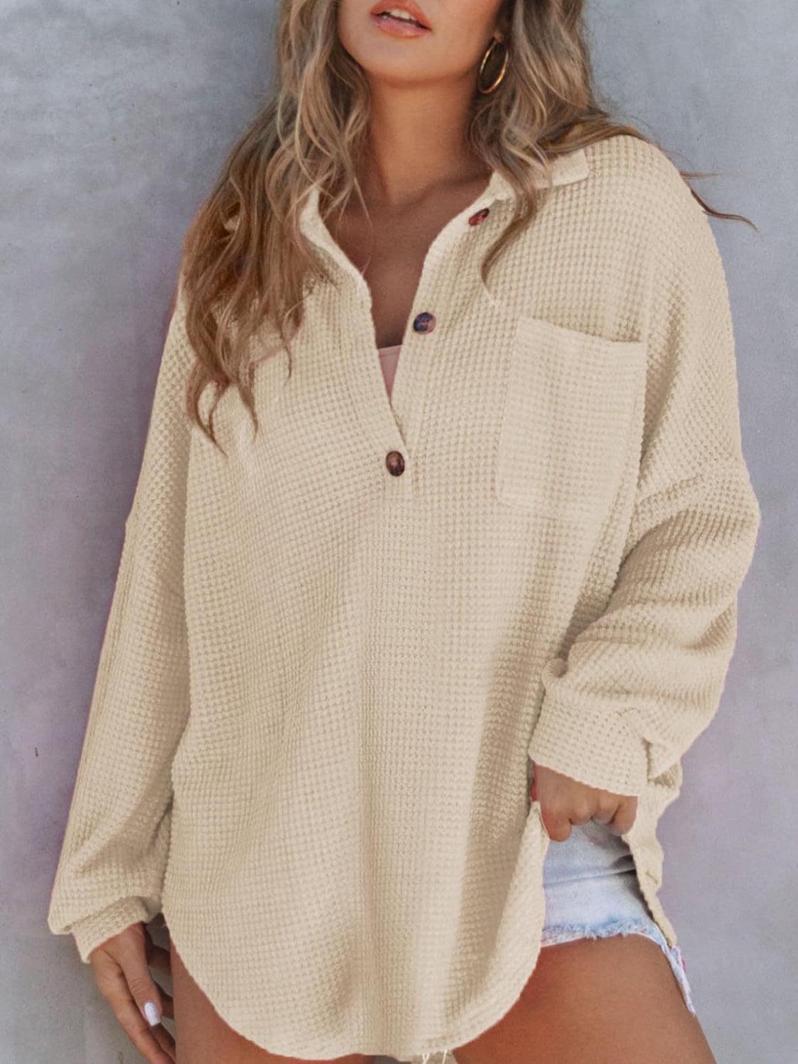 Waffle-Knit Dropped Shoulder Long Sleeve Sweatshirt - Bona Fide Fashion