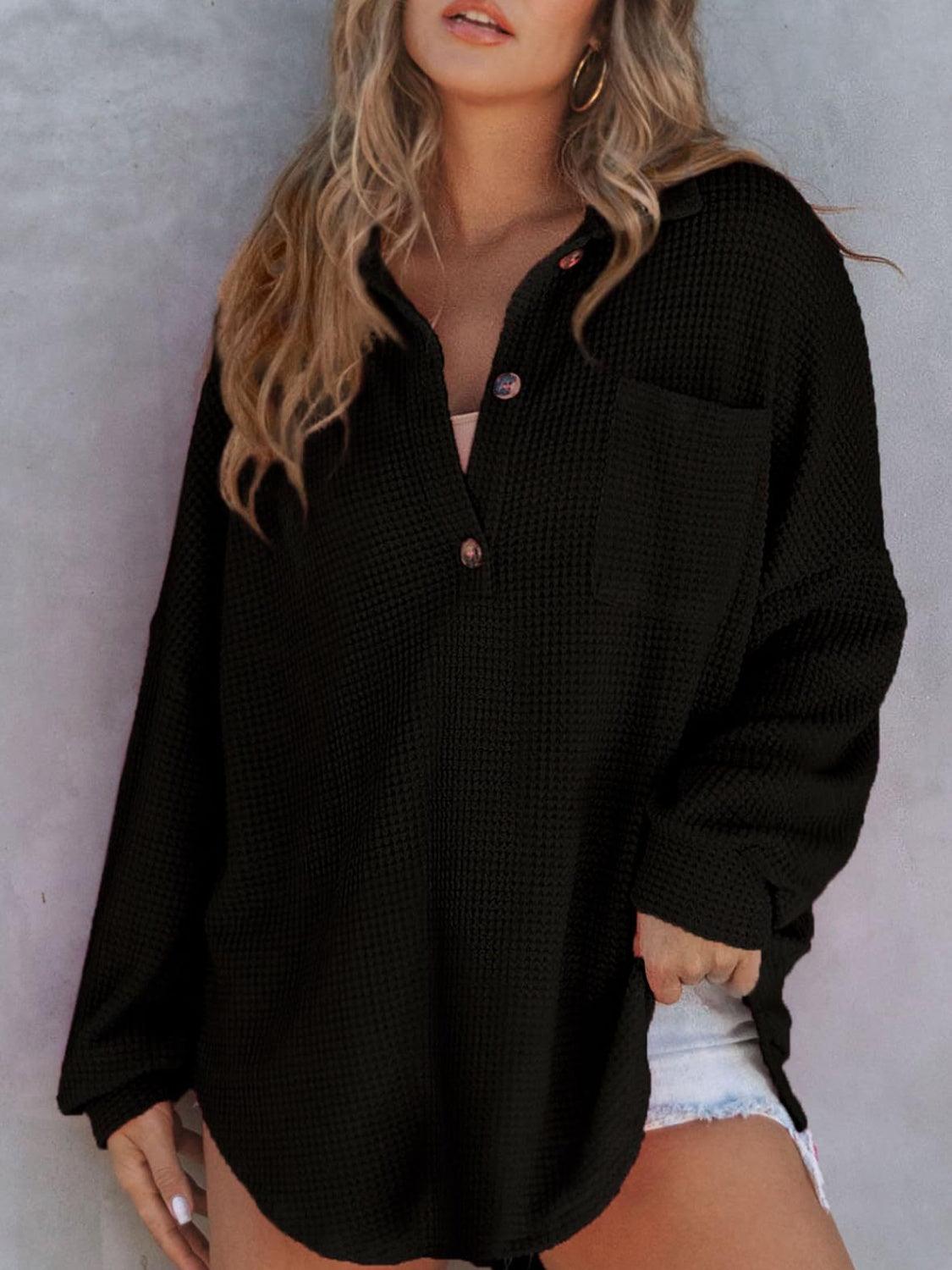 Waffle-Knit Dropped Shoulder Long Sleeve Sweatshirt - Bona Fide Fashion