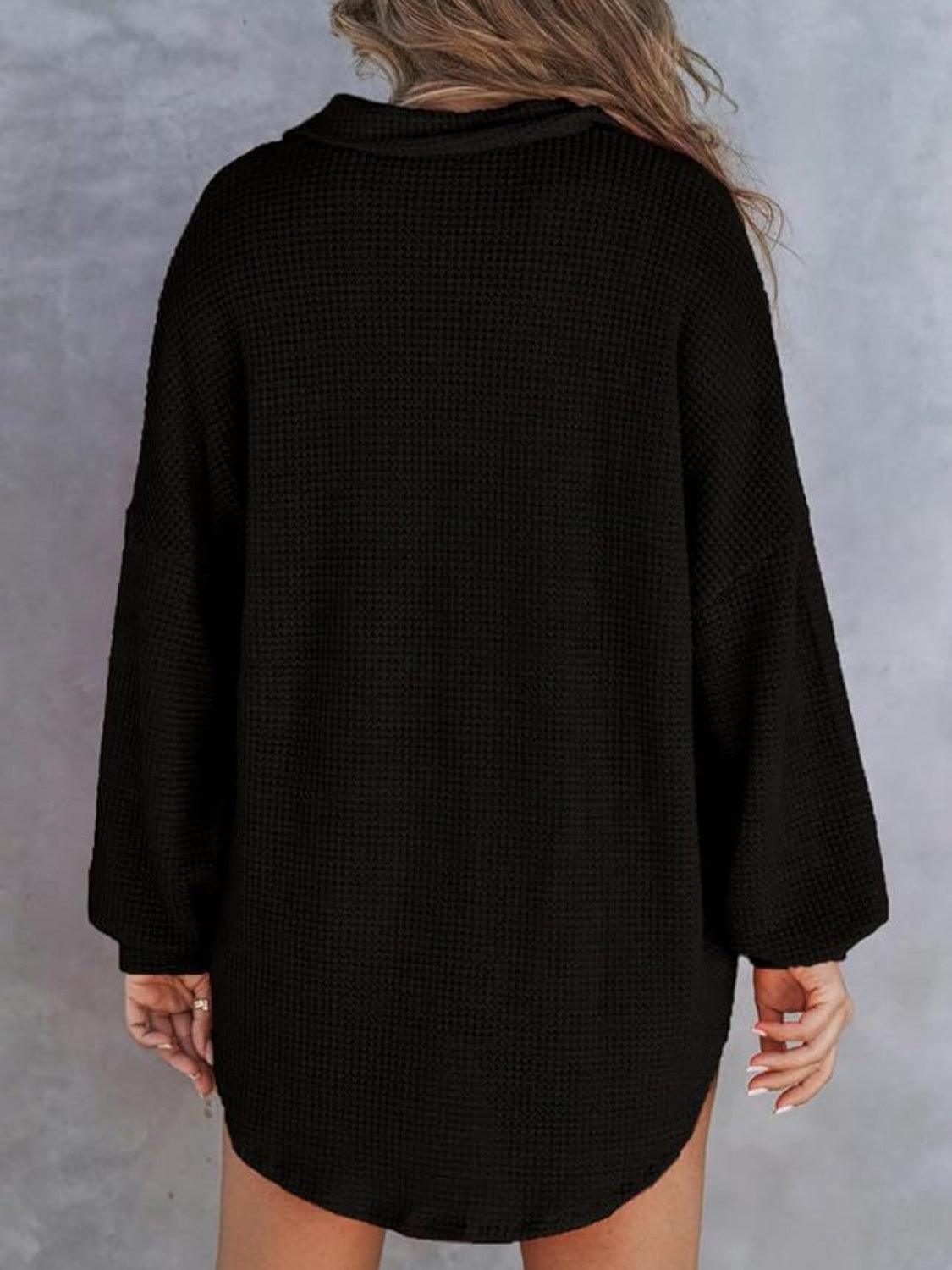 Waffle-Knit Dropped Shoulder Long Sleeve Sweatshirt - Bona Fide Fashion