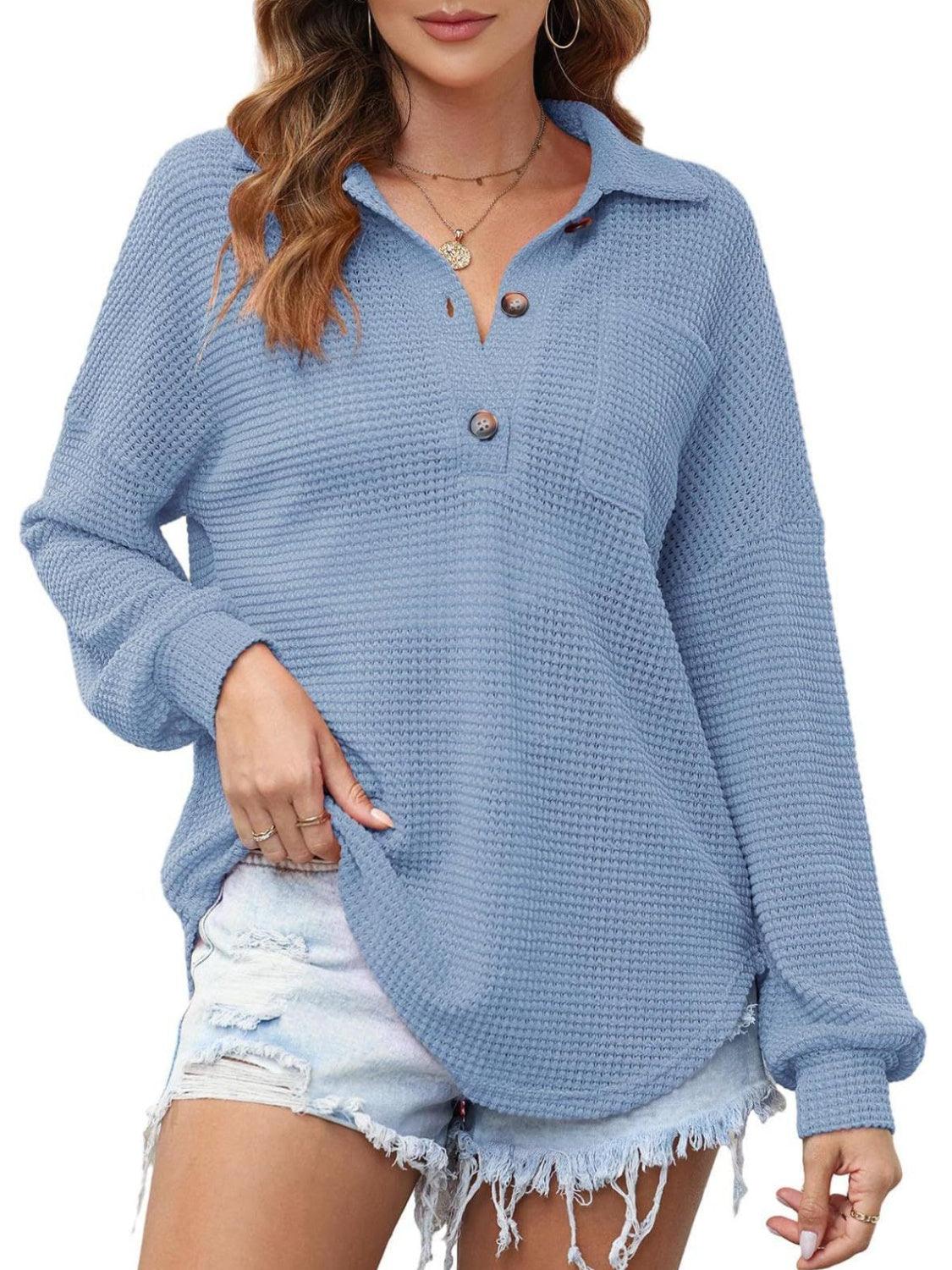 Waffle-Knit Dropped Shoulder Long Sleeve Sweatshirt - Bona Fide Fashion