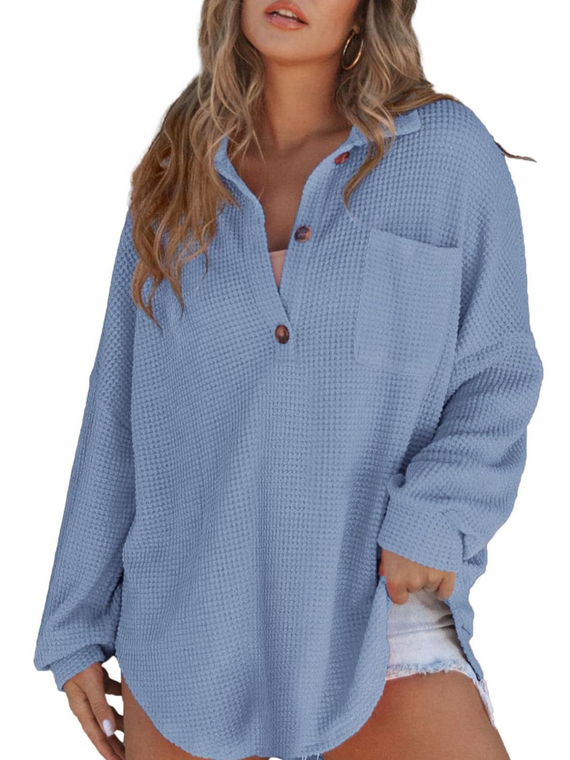 Waffle-Knit Dropped Shoulder Long Sleeve Sweatshirt - Bona Fide Fashion