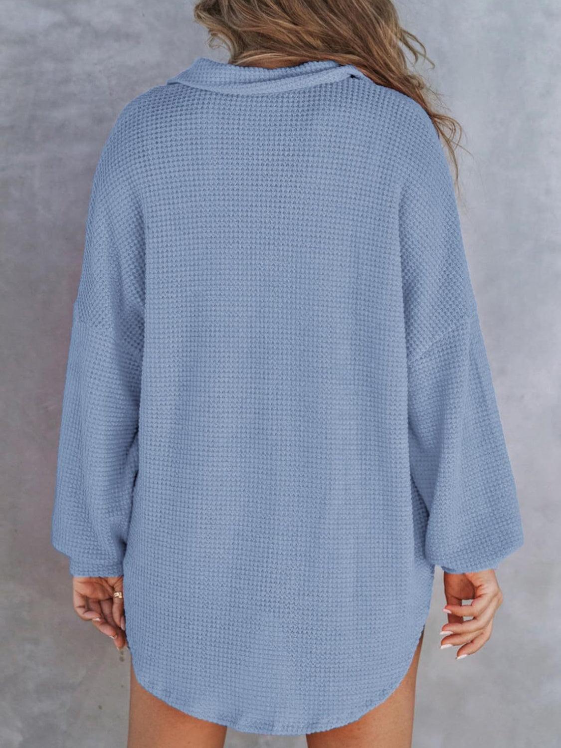 Waffle-Knit Dropped Shoulder Long Sleeve Sweatshirt - Bona Fide Fashion