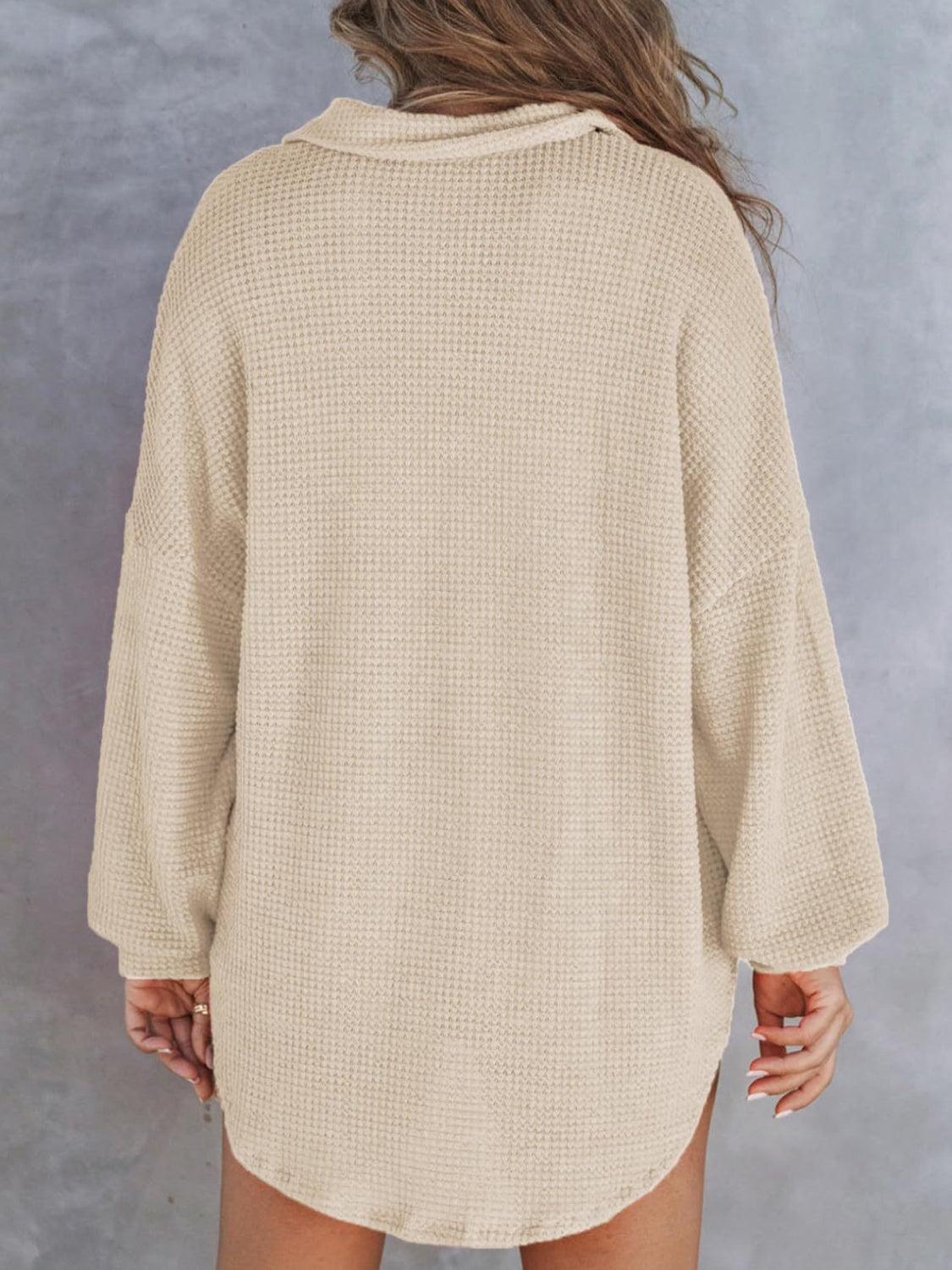 Waffle-Knit Dropped Shoulder Long Sleeve Sweatshirt - Bona Fide Fashion