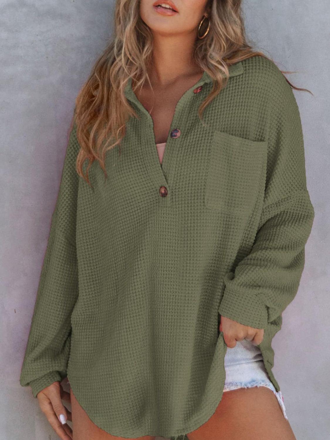 Waffle-Knit Dropped Shoulder Long Sleeve Sweatshirt - Bona Fide Fashion