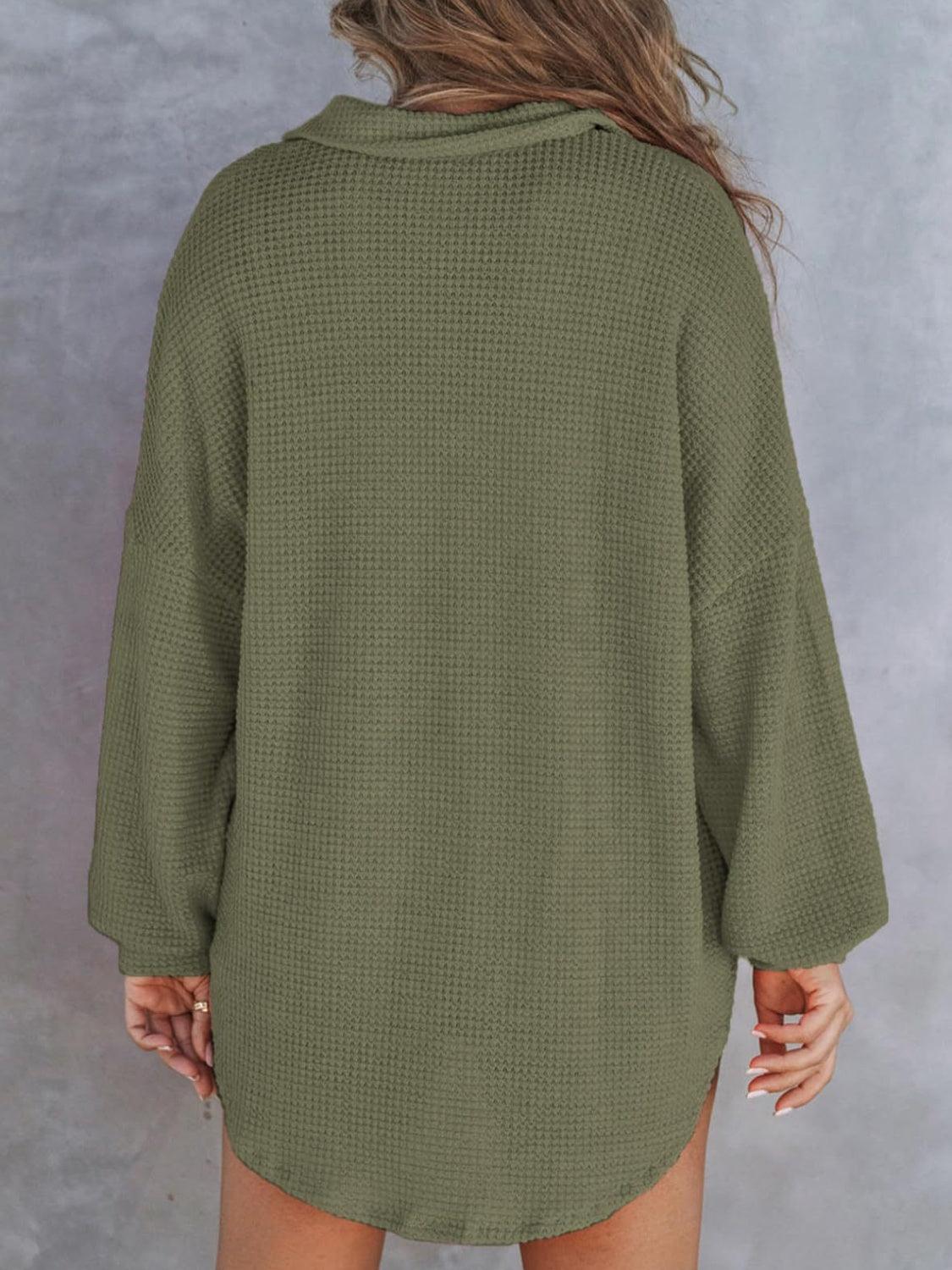 Waffle-Knit Dropped Shoulder Long Sleeve Sweatshirt - Bona Fide Fashion