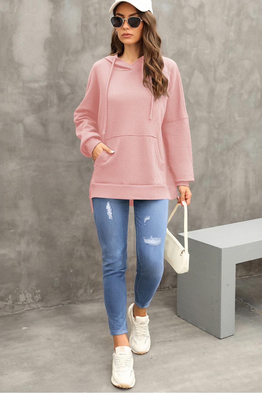 Waffle-Knit Long Sleeve Hoodie - Bona Fide Fashion