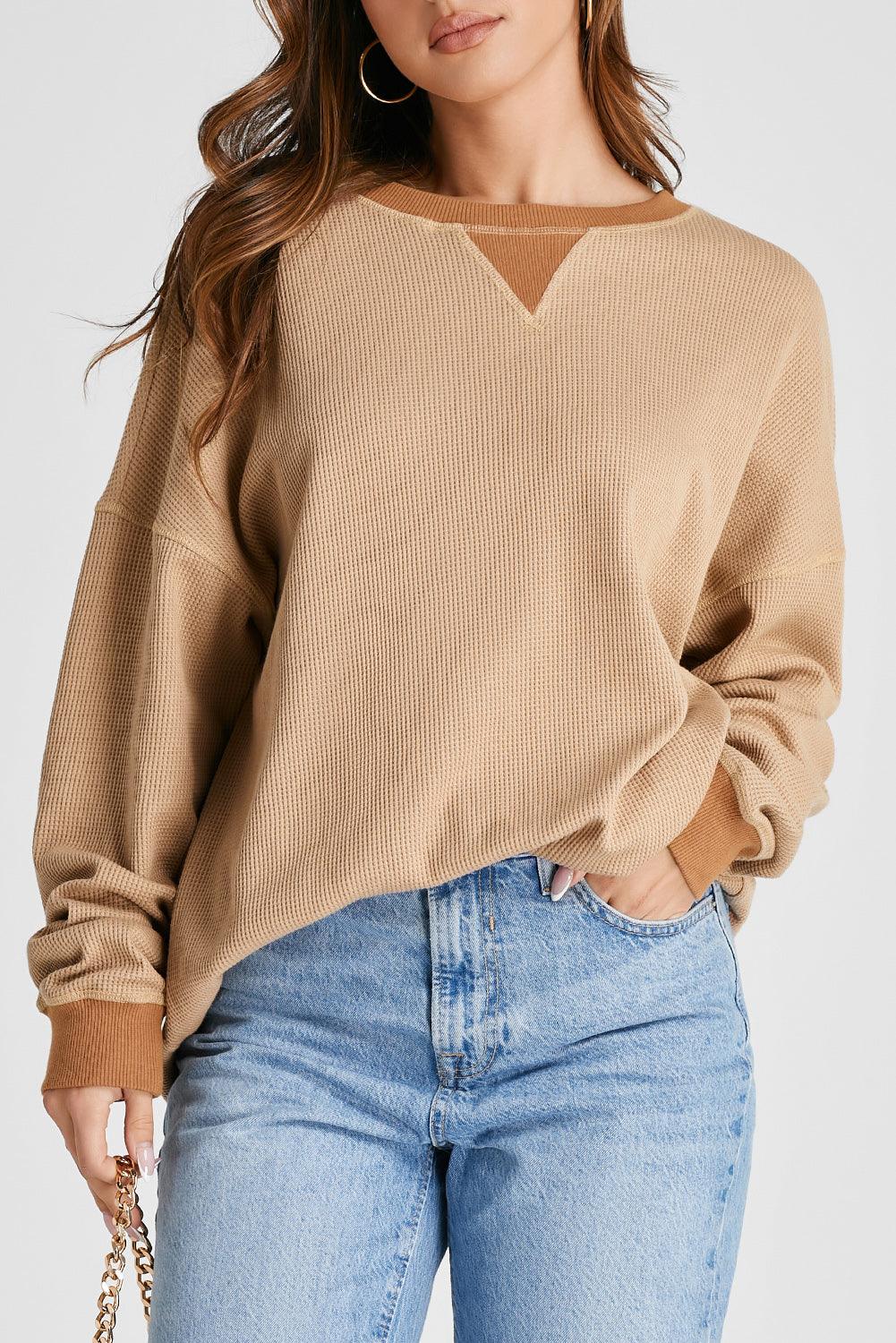 Waffle-Knit Long Sleeve Sweatshirt - Bona Fide Fashion