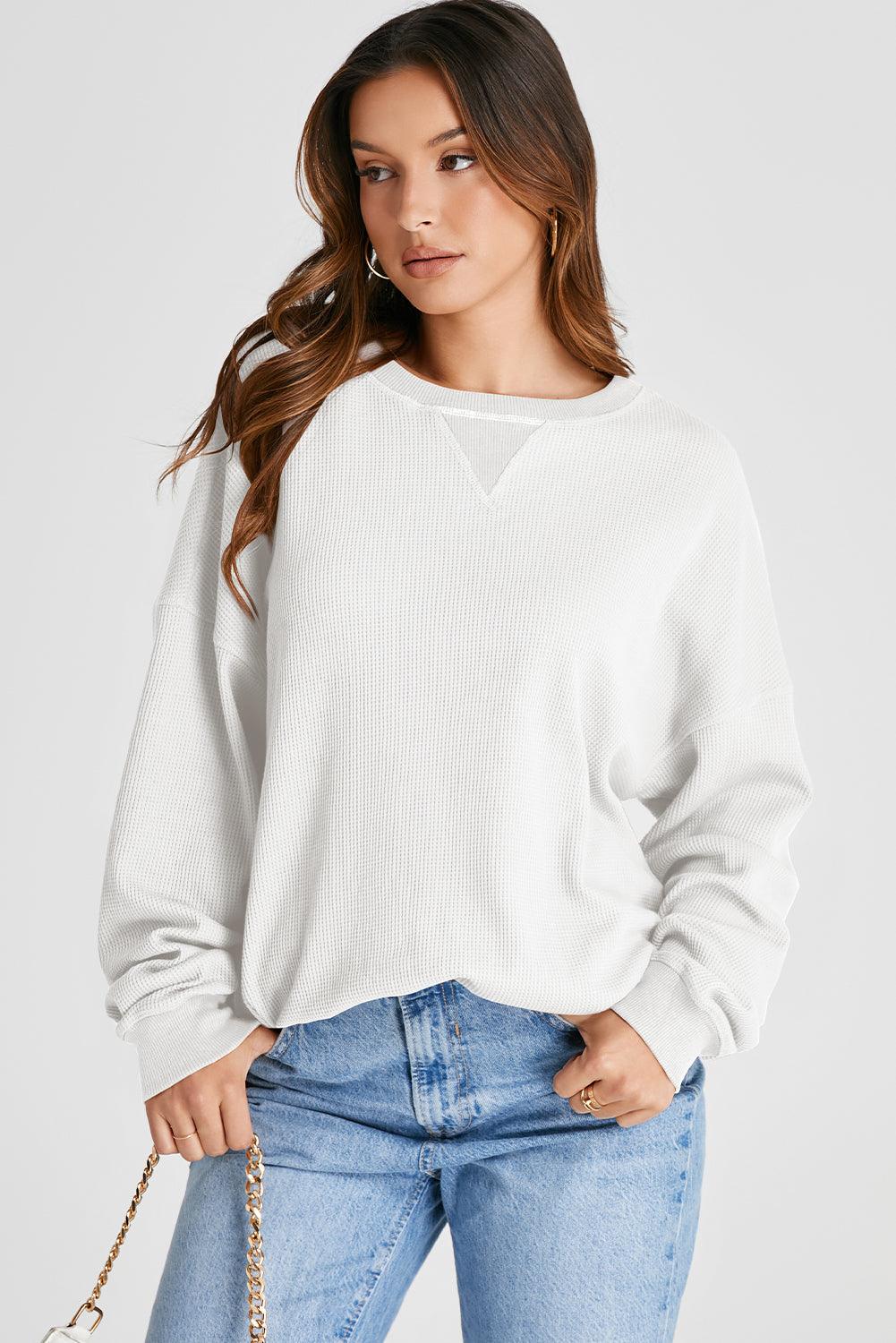 Waffle-Knit Long Sleeve Sweatshirt - Bona Fide Fashion