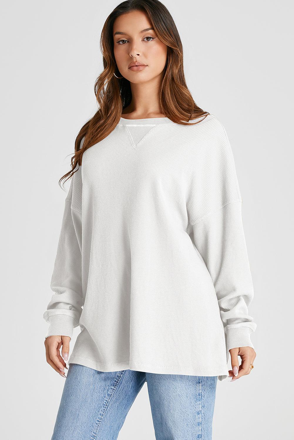 Waffle-Knit Long Sleeve Sweatshirt - Bona Fide Fashion