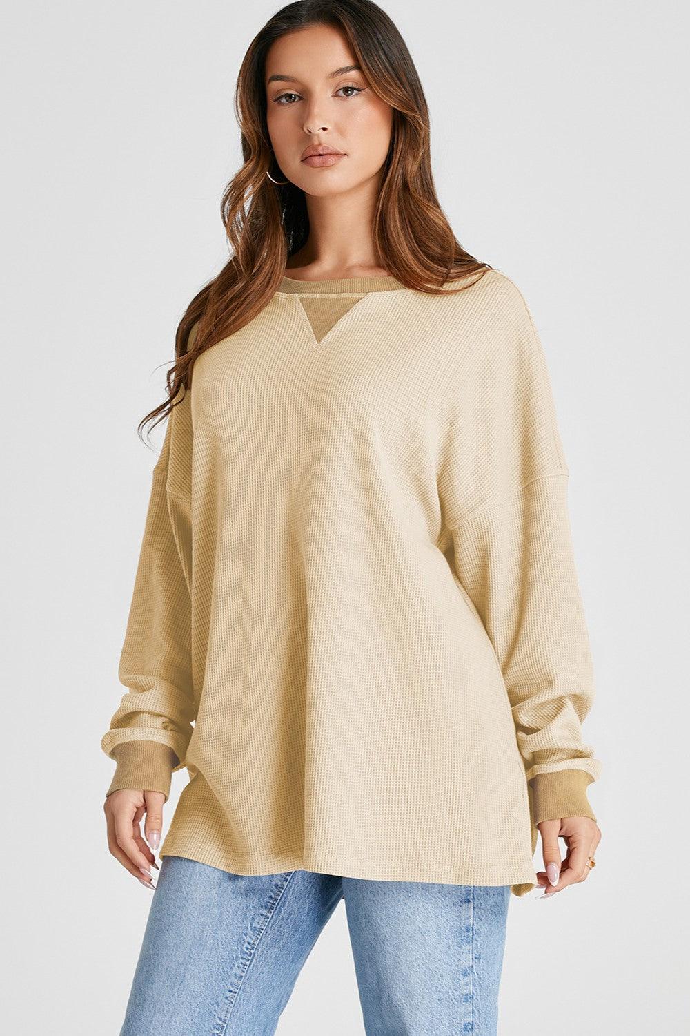 Waffle-Knit Long Sleeve Sweatshirt - Bona Fide Fashion