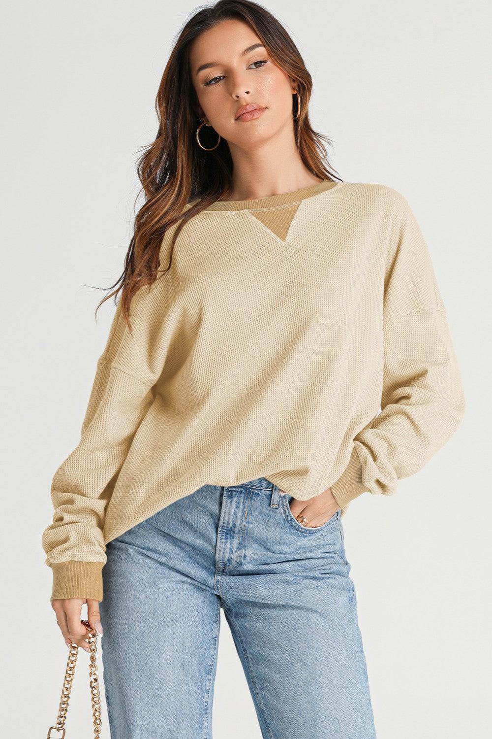 Waffle-Knit Long Sleeve Sweatshirt - Bona Fide Fashion