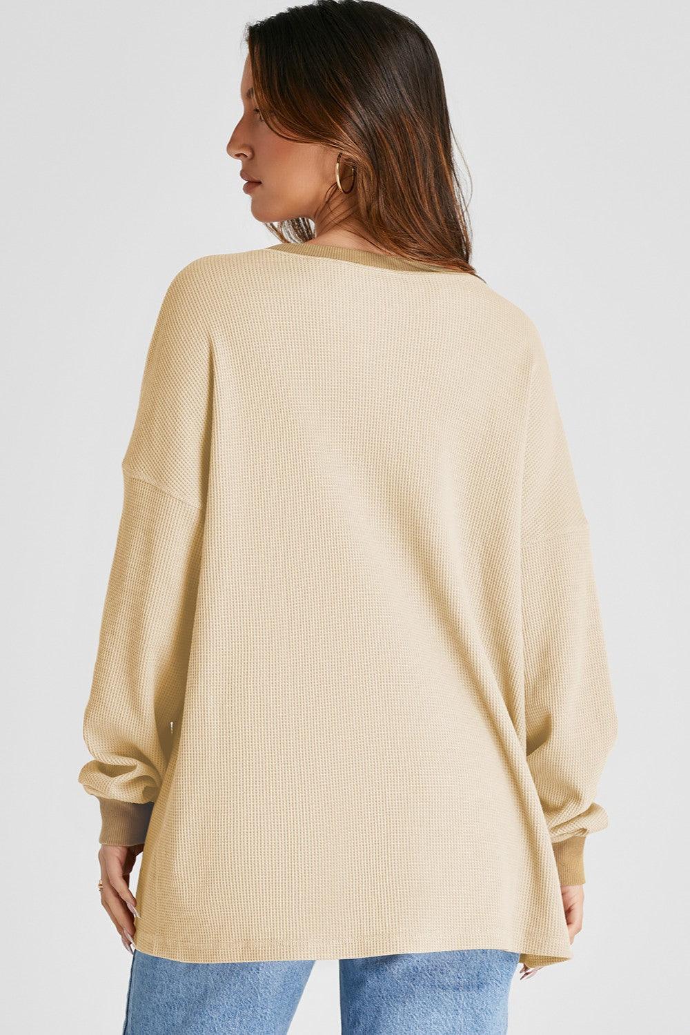 Waffle-Knit Long Sleeve Sweatshirt - Bona Fide Fashion