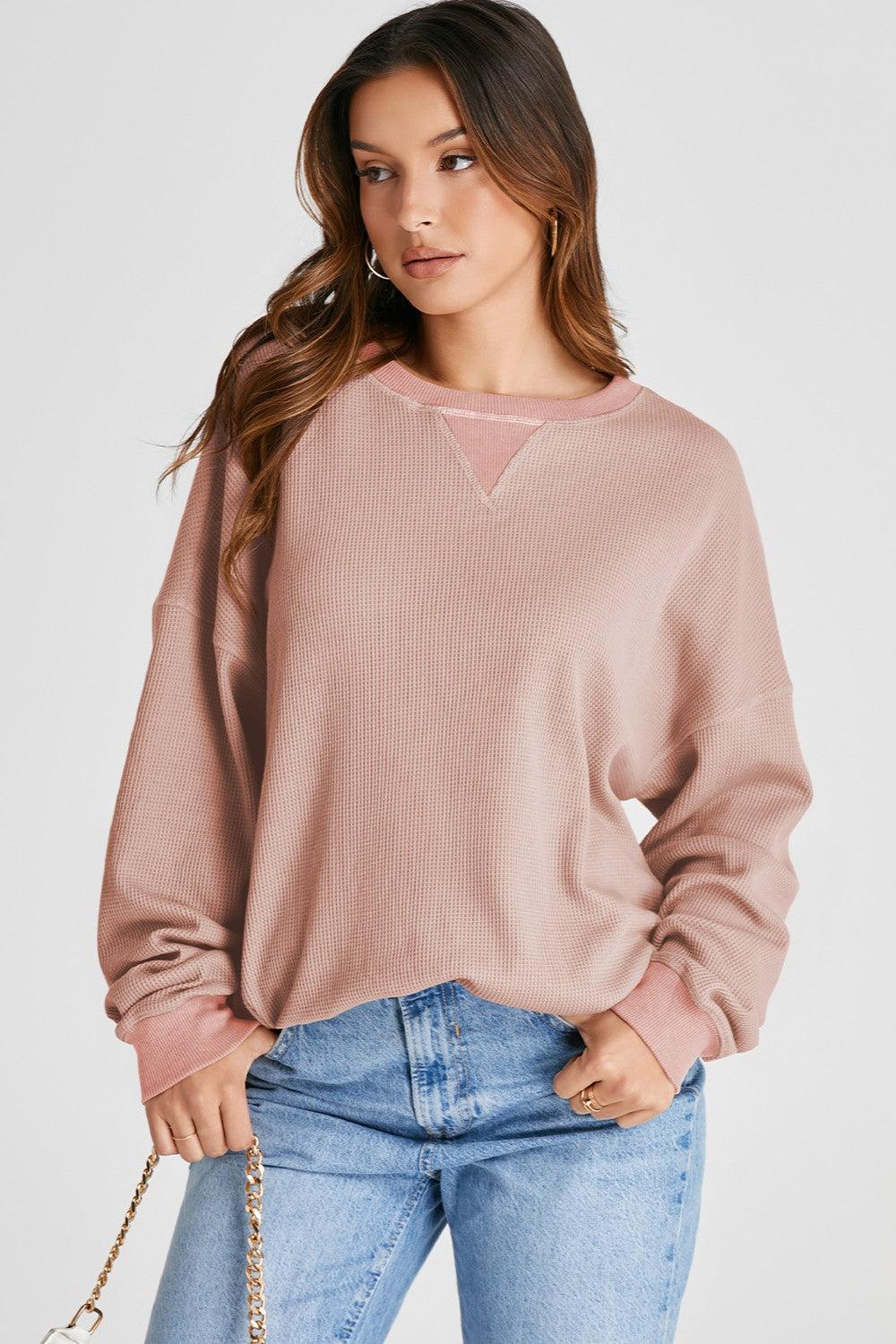 Waffle-Knit Long Sleeve Sweatshirt - Bona Fide Fashion