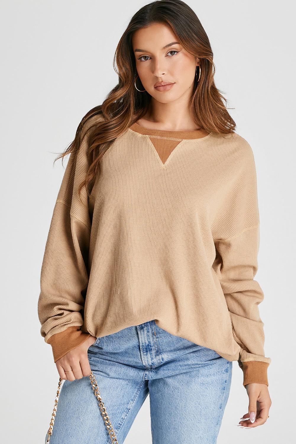 Waffle-Knit Long Sleeve Sweatshirt - Bona Fide Fashion