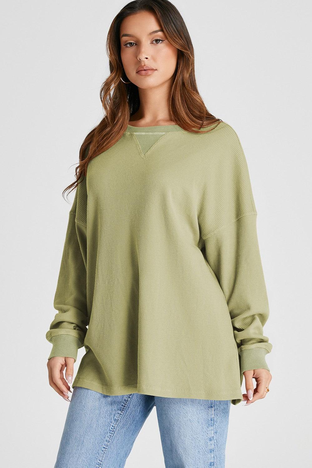 Waffle-Knit Long Sleeve Sweatshirt - Bona Fide Fashion