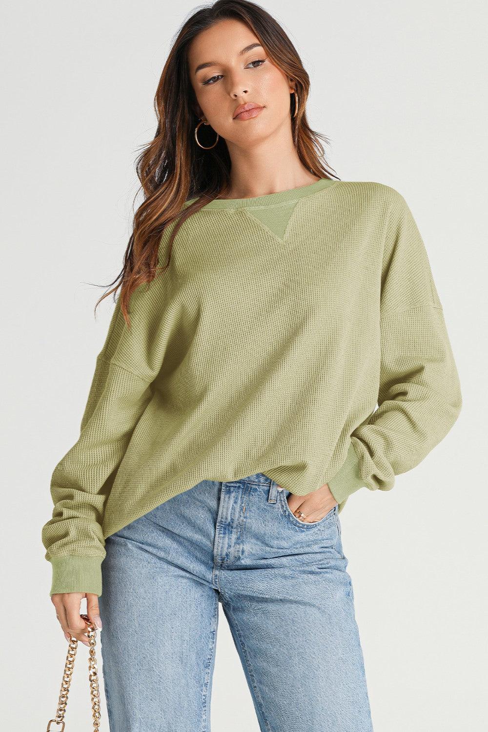 Waffle-Knit Long Sleeve Sweatshirt - Bona Fide Fashion