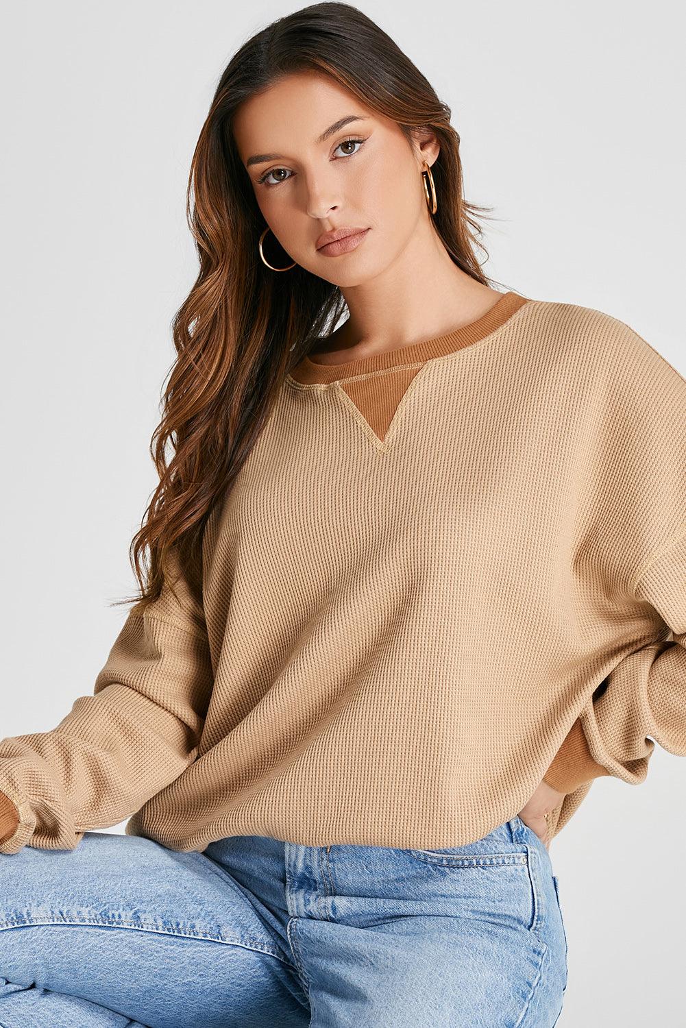 Waffle-Knit Long Sleeve Sweatshirt - Bona Fide Fashion