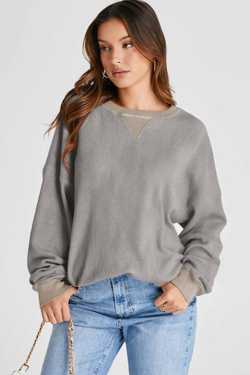 Waffle-Knit Long Sleeve Sweatshirt - Bona Fide Fashion