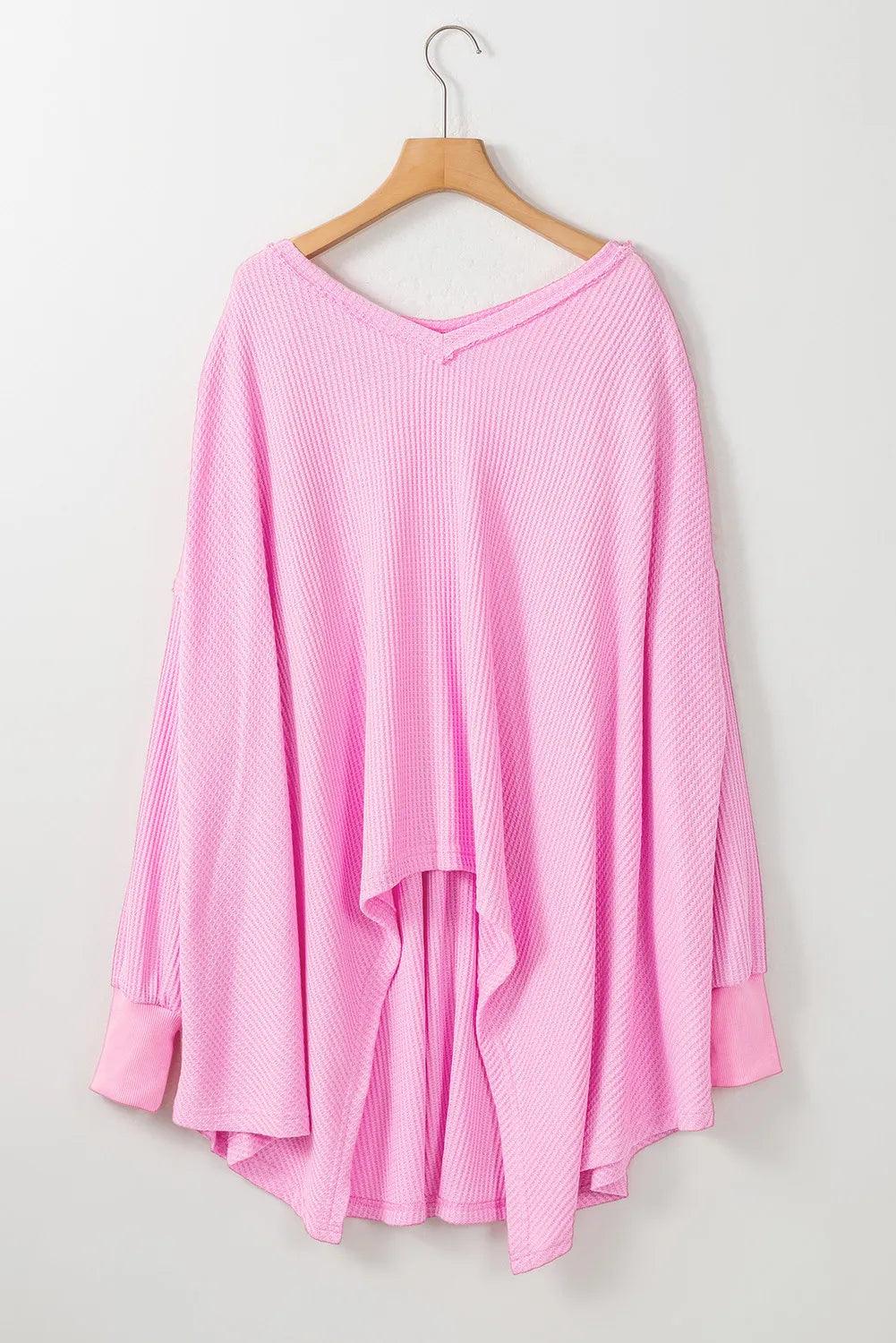 Waffle-Knit V-Neck Long Sleeve Blouse - Bona Fide Fashion