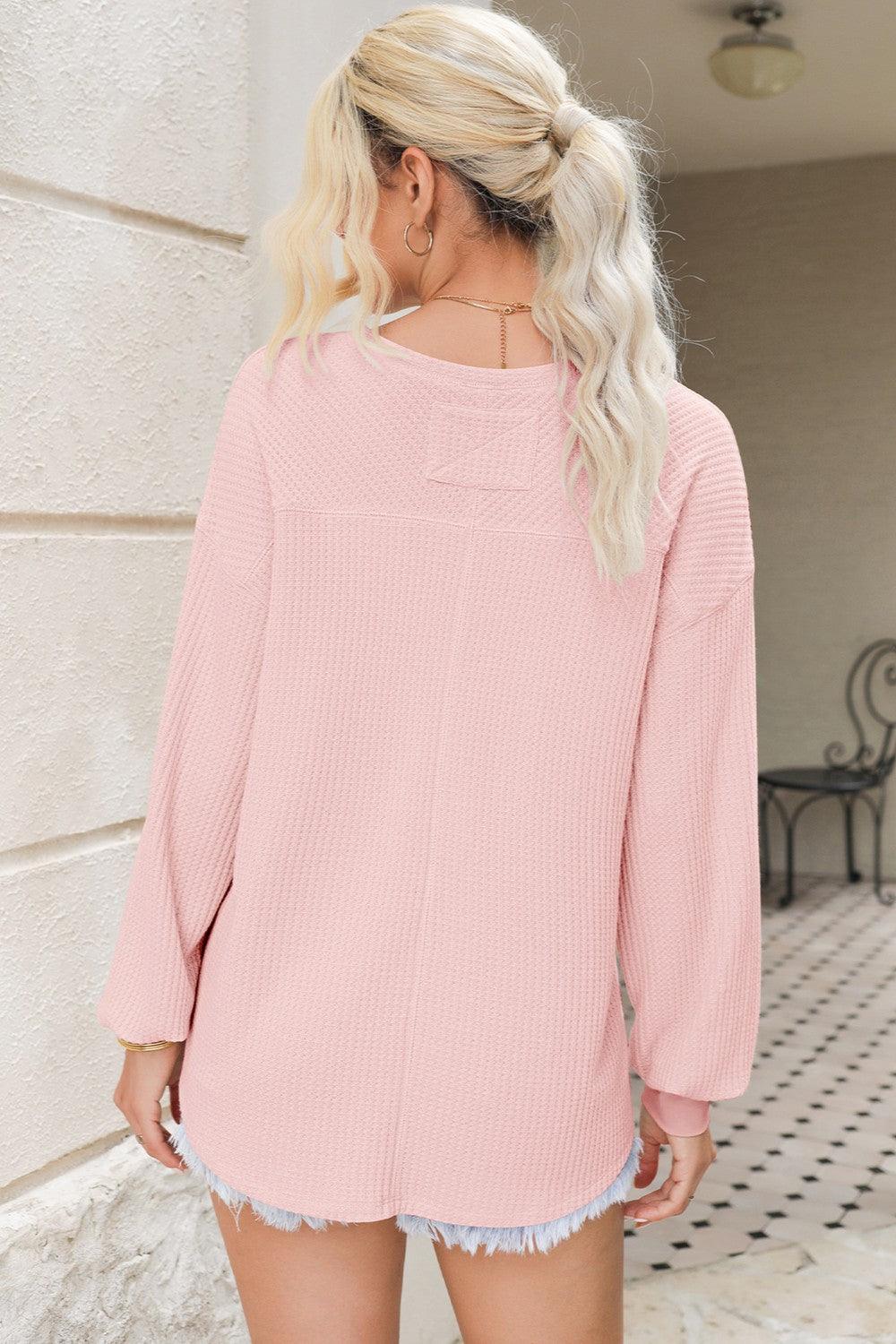 Waffle-Knit V-Neck Long Sleeve Top - Bona Fide Fashion