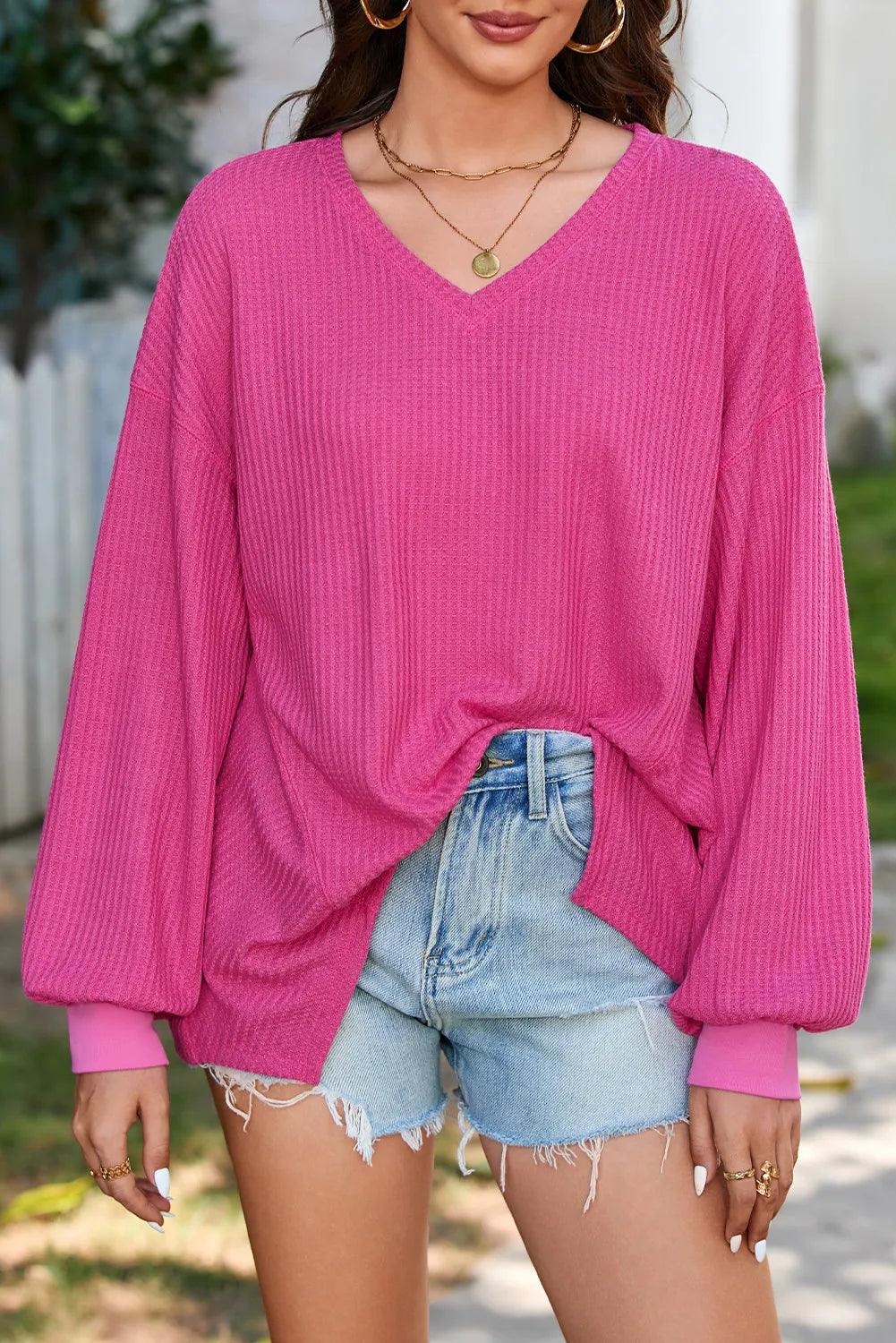 Waffle-Knit V-Neck Long Sleeve Top - Bona Fide Fashion