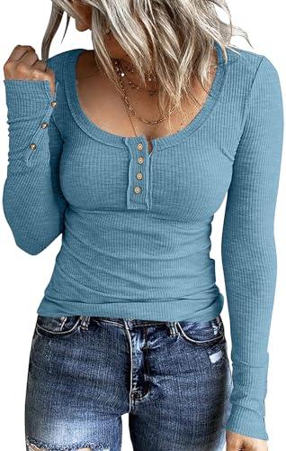 WAYMAKER Women's Henley Shirts Long Sleeve Scoop Neck Ribbed Button Down Knit Slim Fitted Casual Tops Blouses Blue Small - Bona Fide Fashion