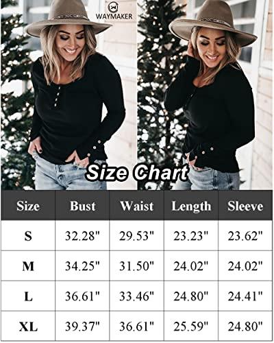 WAYMAKER Women's Henley Shirts Long Sleeve Scoop Neck Ribbed Button Down Knit Slim Fitted Casual Tops Blouses Blue Small - Bona Fide Fashion