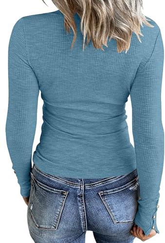 WAYMAKER Women's Henley Shirts Long Sleeve Scoop Neck Ribbed Button Down Knit Slim Fitted Casual Tops Blouses Blue Small - Bona Fide Fashion